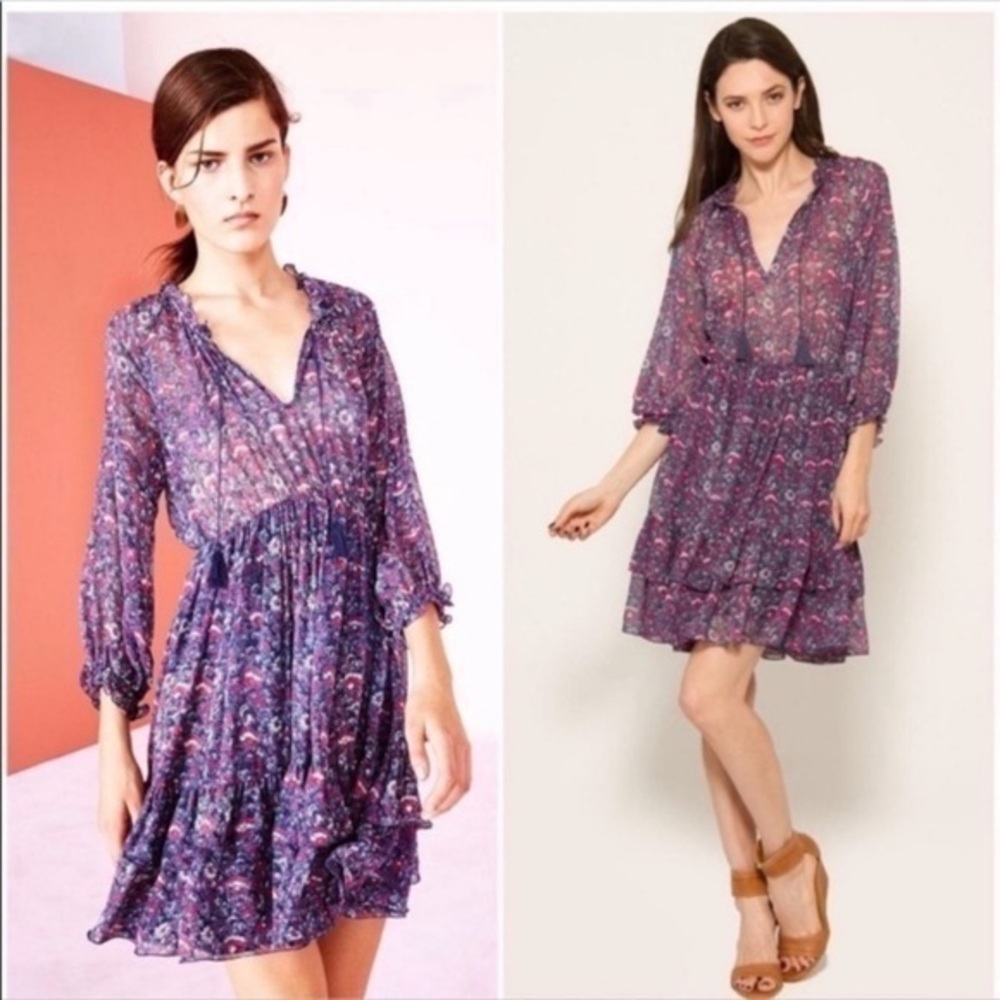 ✅ Ulla Johnson Dress Ollie Mini Long Sleeve in Blue Pink Floral